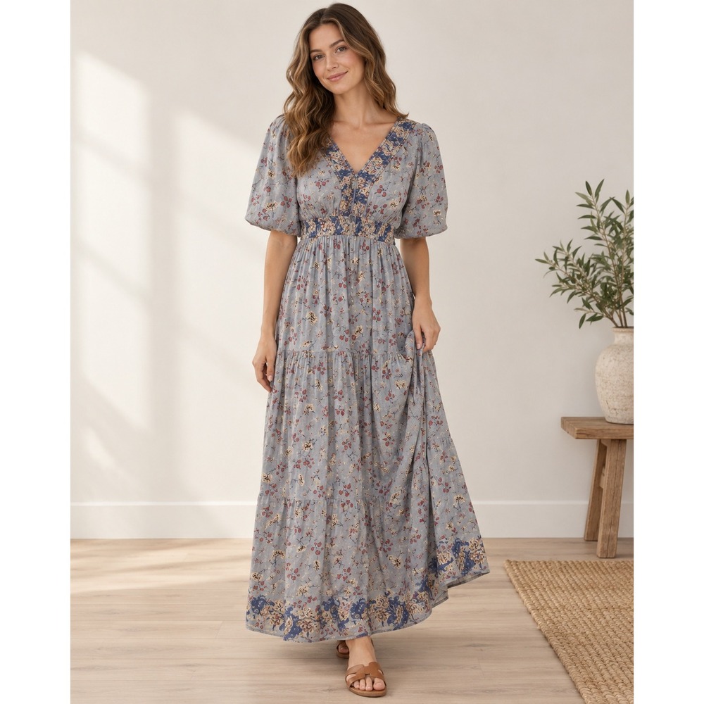 Free People Floral Maxi Dress Women XS Blue Boho Tiered Smocked V-Neck